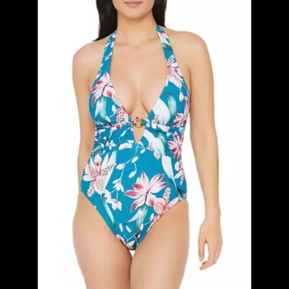 NEW La Blanca Flyaway Orchid plunge one piece Caribbean swimsuit blue floral 6
